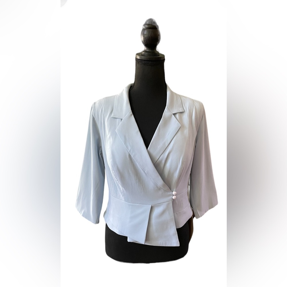 LanTing Bride: Blue Asymmetrical Dress Jacket with White Ball Buttons